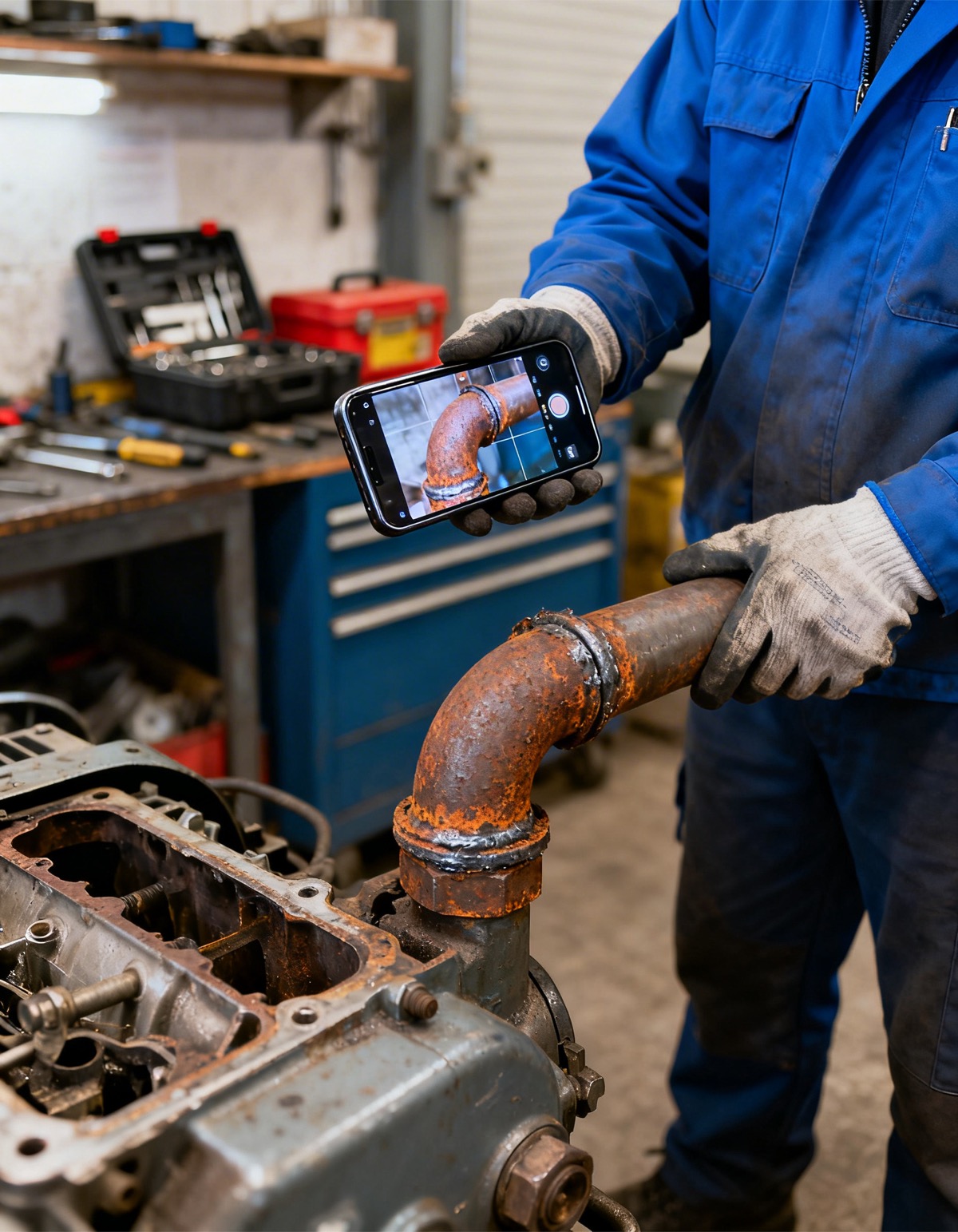Monteur dokumentiert ein Rohr mit dem Smartphone auf der Baustelle
