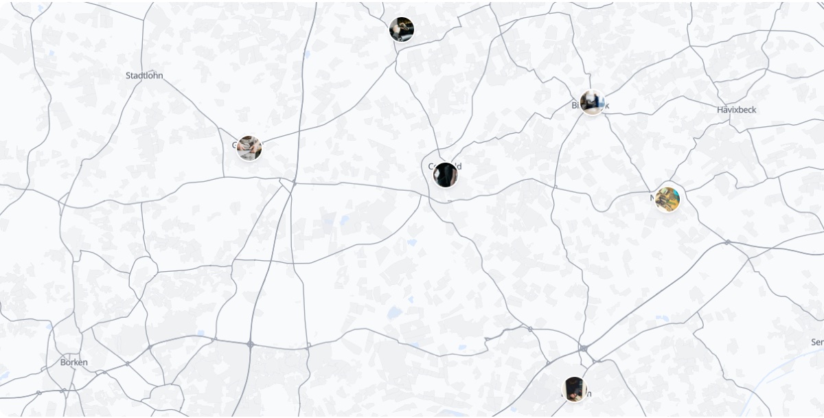 Karte mit Foto-Standorten quer durchs Münsterland – Pins in Coesfeld, Gescher, Dülmen, Billerbeck und Nottuln