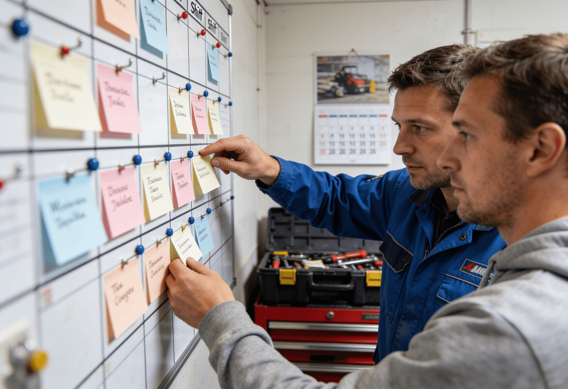 Two colleagues planning the week at a task board
