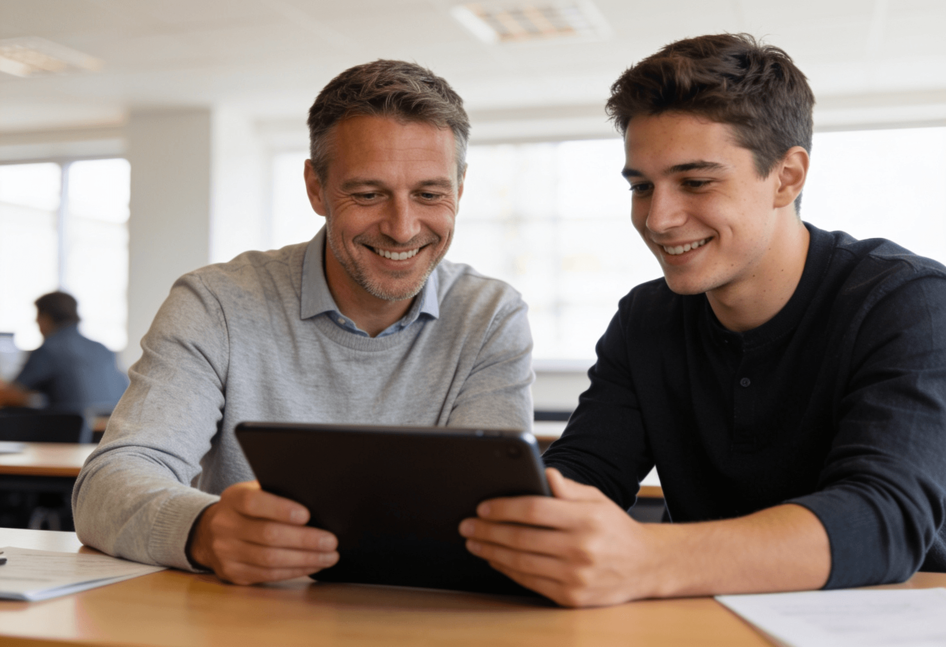 Een mentor werkt een nieuwe medewerker in aan een bureau