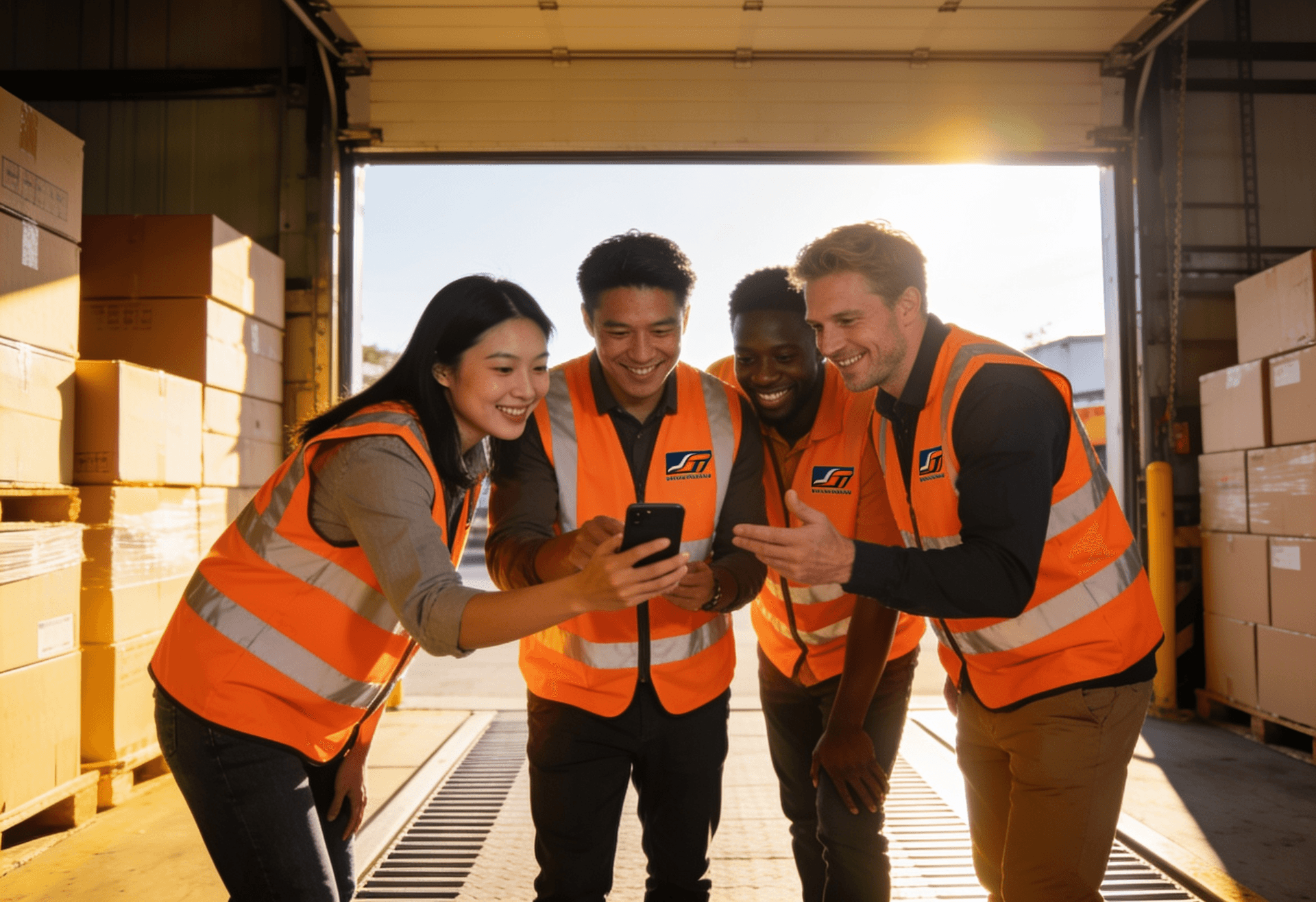 Diverse logistics team looking at a smartphone together