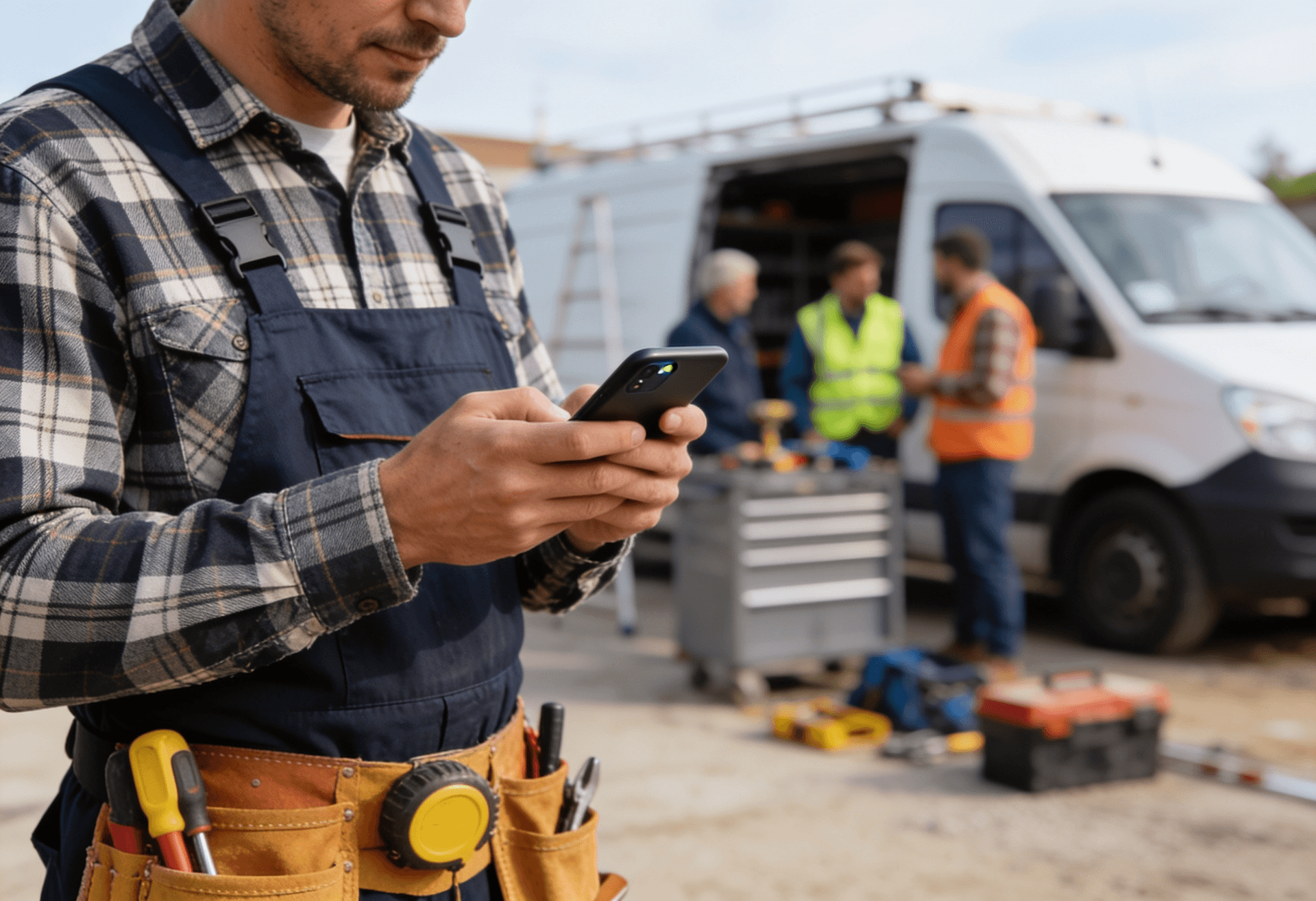 Tradesperson using a secure app on a smartphone at the job site