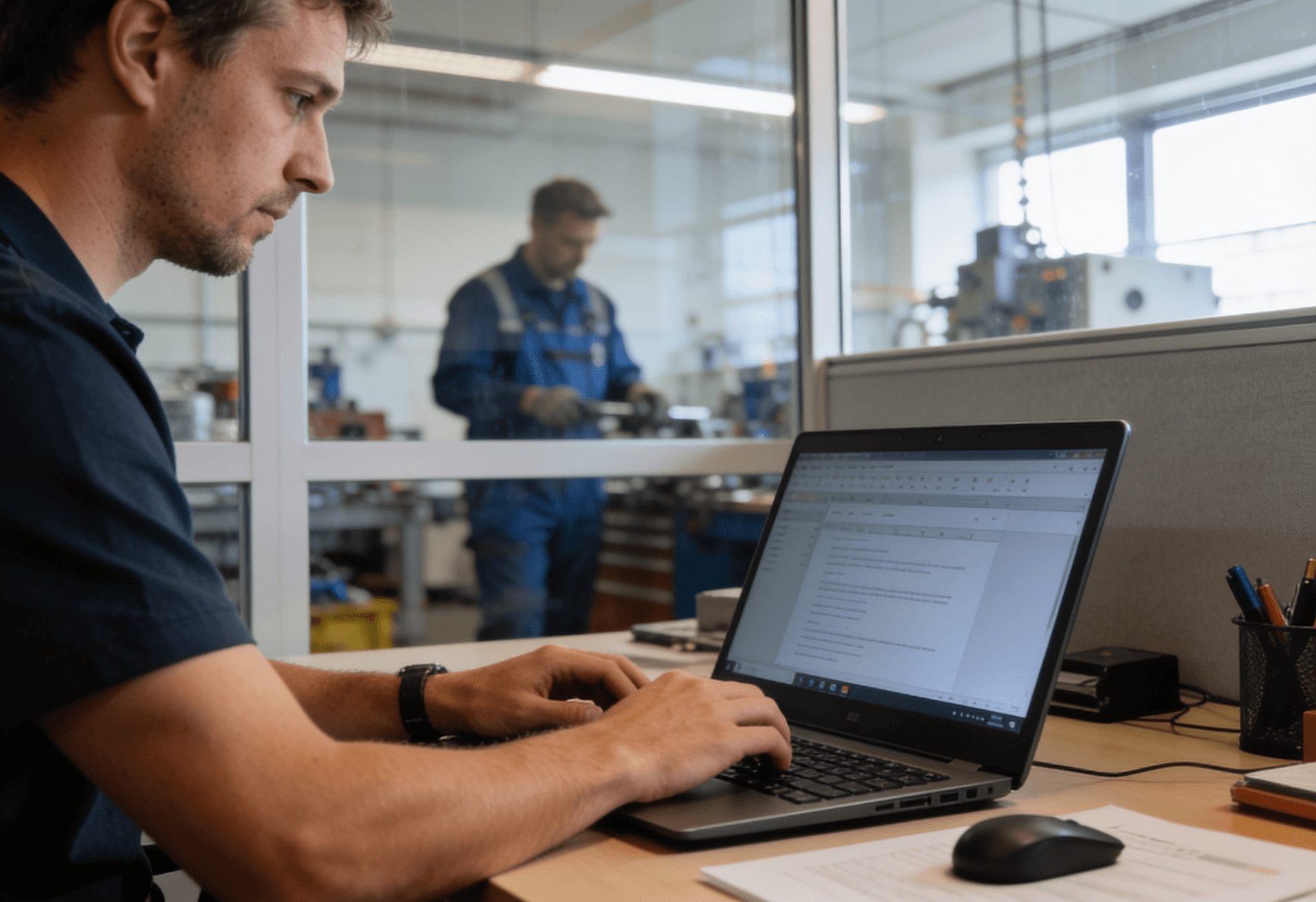 Employee working at a laptop in the office