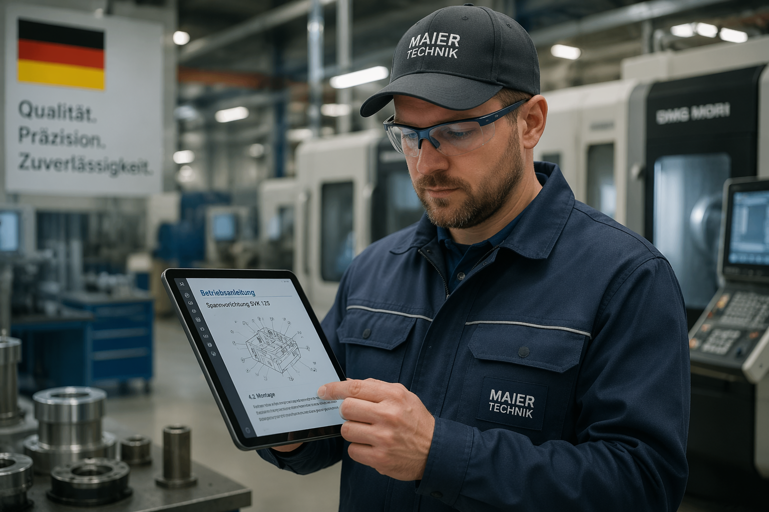 Technician checking a digital manual on a tablet in production