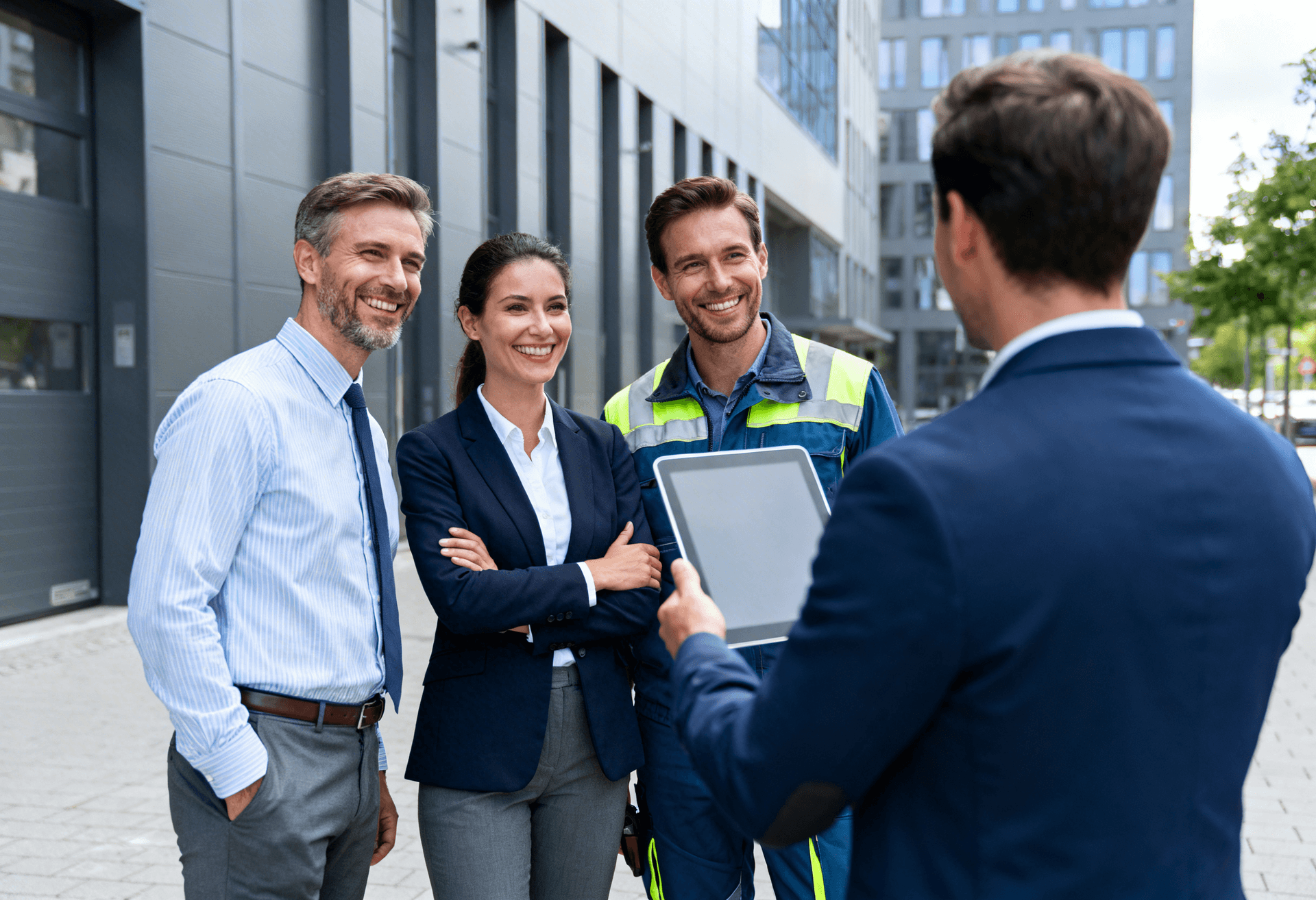 Mitarbeitende aus Verwaltung und Außendienst besprechen sich mit einem Tablet vor einem Verwaltungsgebäude