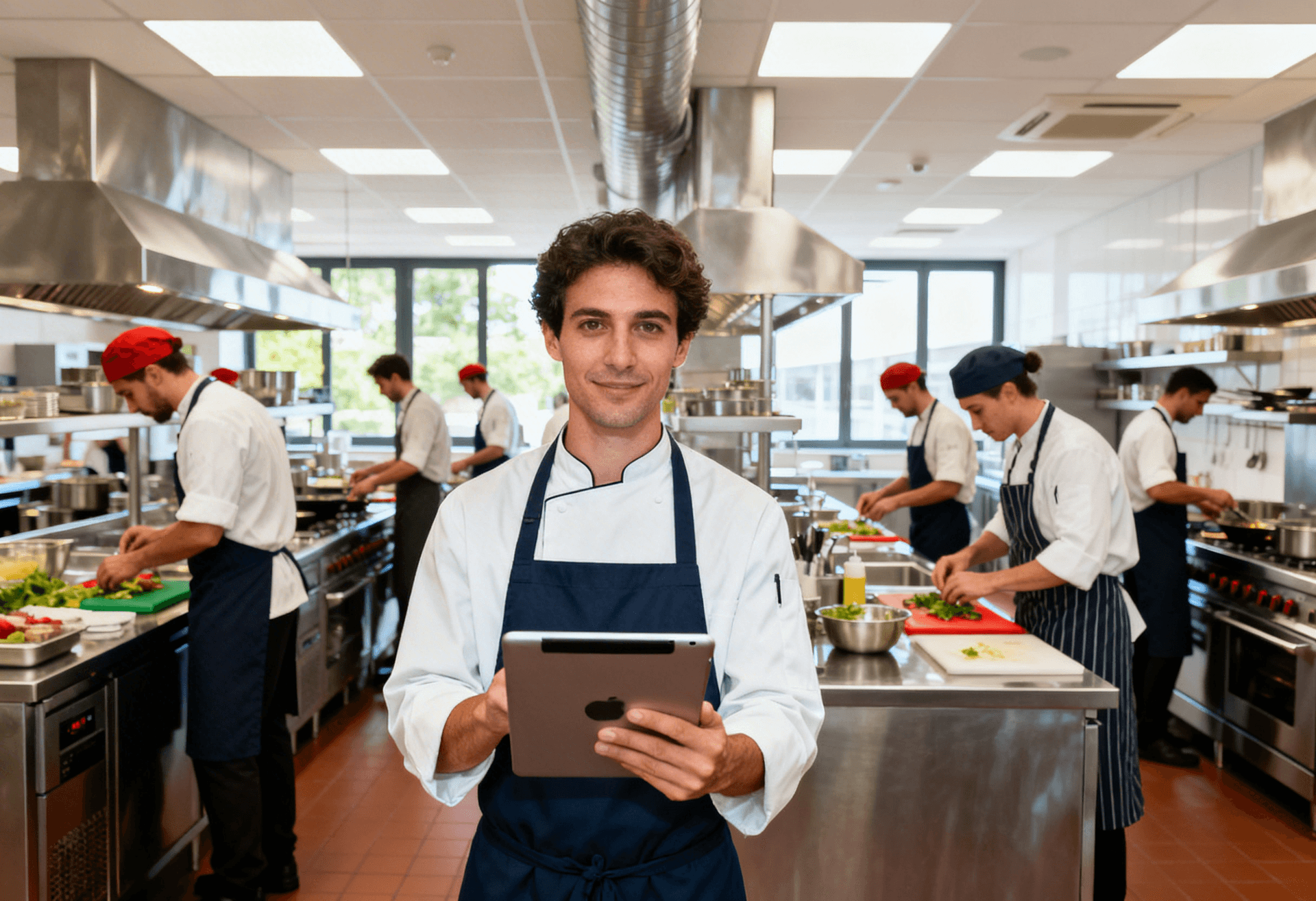 Küchenteam in einer professionellen Großküche, eine Person hält ein Tablet in der Hand