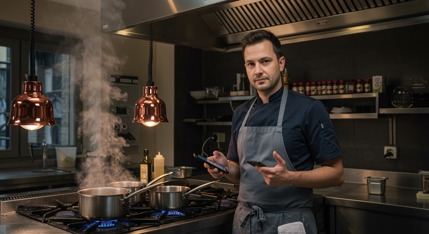 Küchenleiter sieht die tägliche Aufgabenliste am Smartphone vor dem Herd-Block