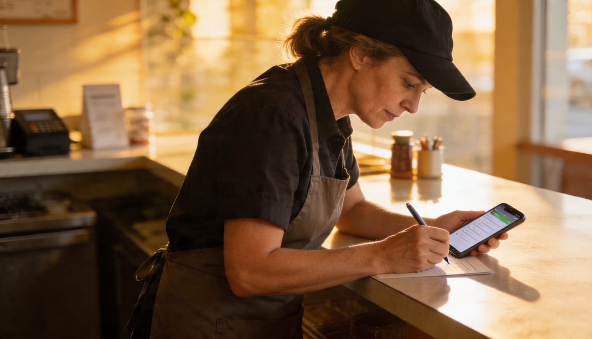 Mitarbeiterin an der Ausgabe gibt nach dem Mittagsservice ein kurzes Feedback per Umfrage ab