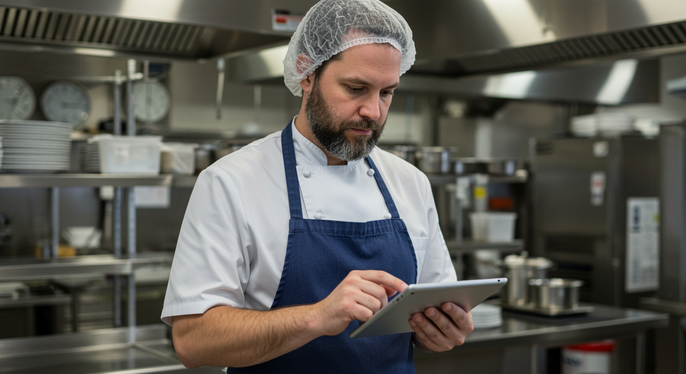 Küchenchef prüft die HACCP-Hygienecheckliste auf einem Tablet am Kühlraum