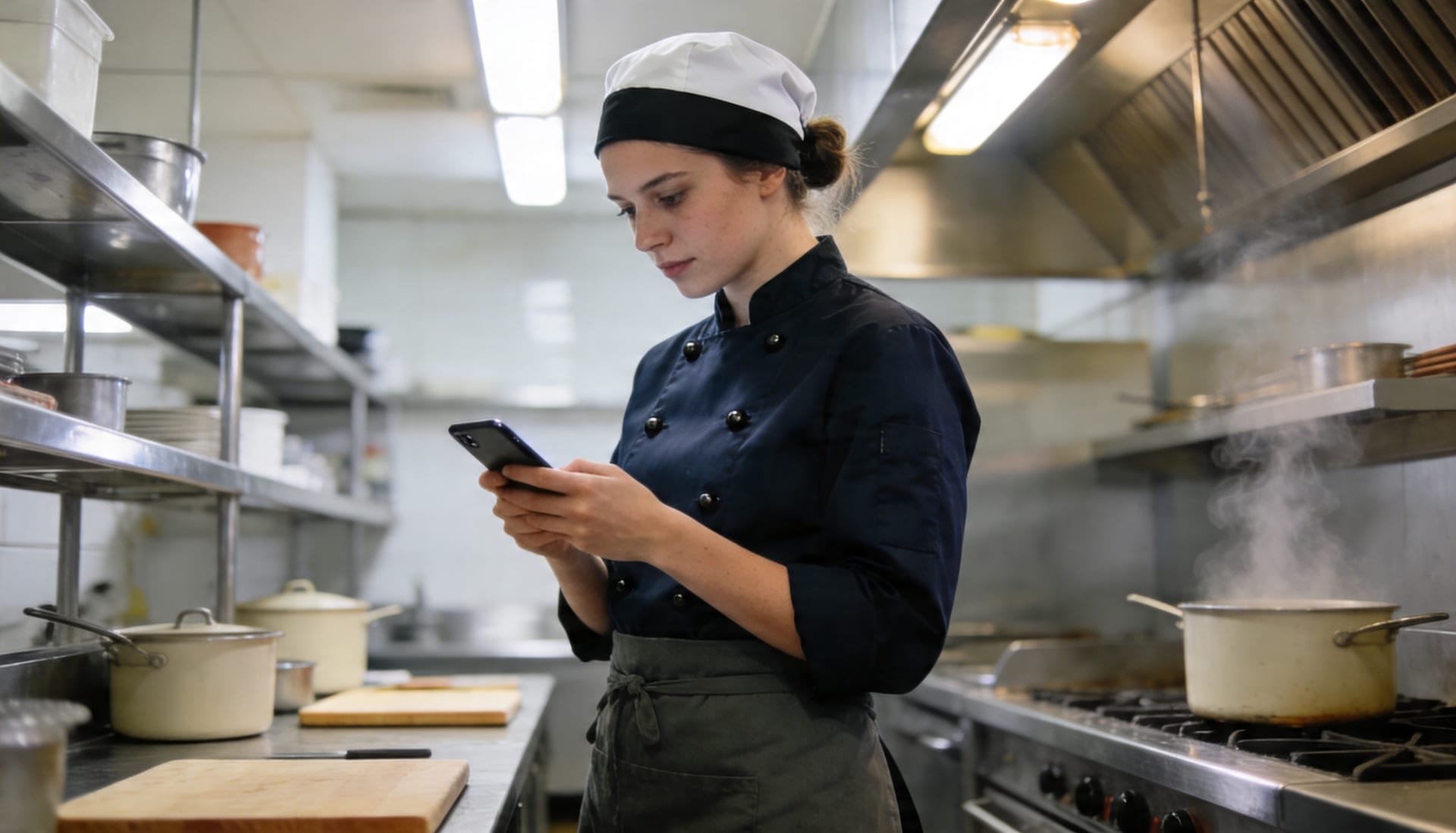 Küchenmitarbeiterin checkt eine Schicht- und Menüänderung am Smartphone in der Großküche
