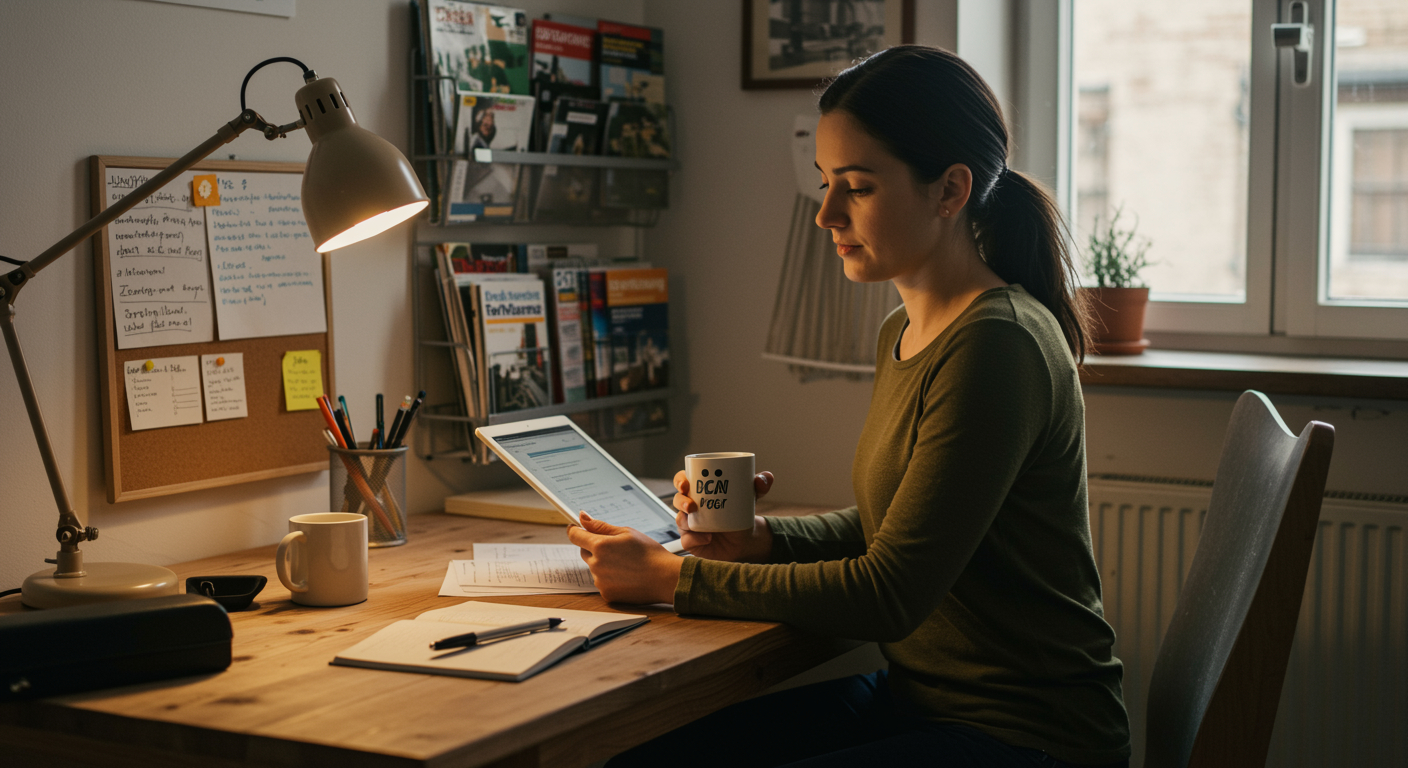 Projektkoordinatorin ordnet Aufgaben am Tablet im Handwerksbüro