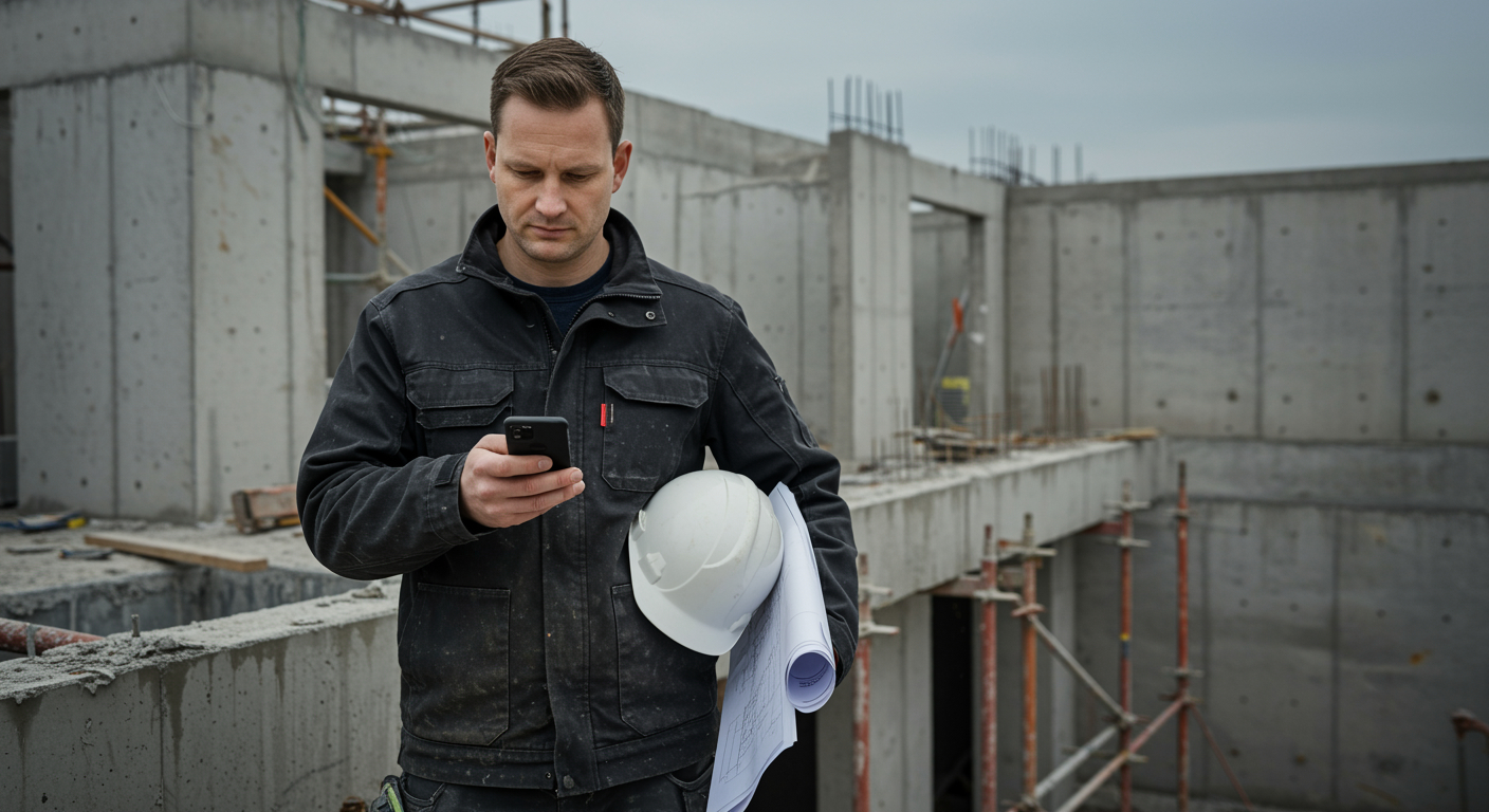 Bauleiter checkt Projektchat auf dem Smartphone auf der Baustelle