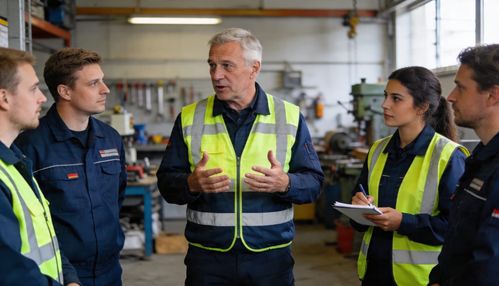 Handwerker-Team beim morgendlichen Briefing in der Werkstatt