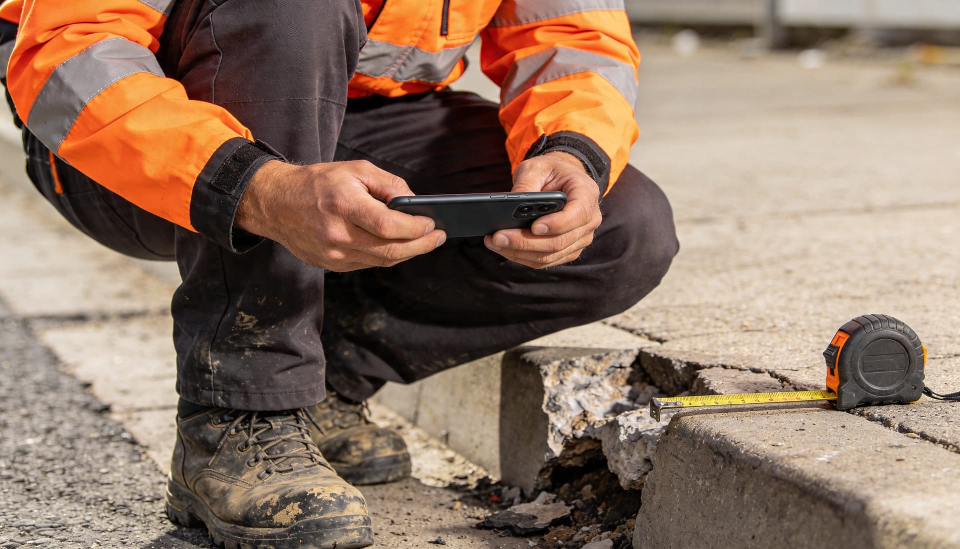 Bauhof-Mitarbeiter dokumentiert einen Schaden mit dem Smartphone in einer Wohnstraße