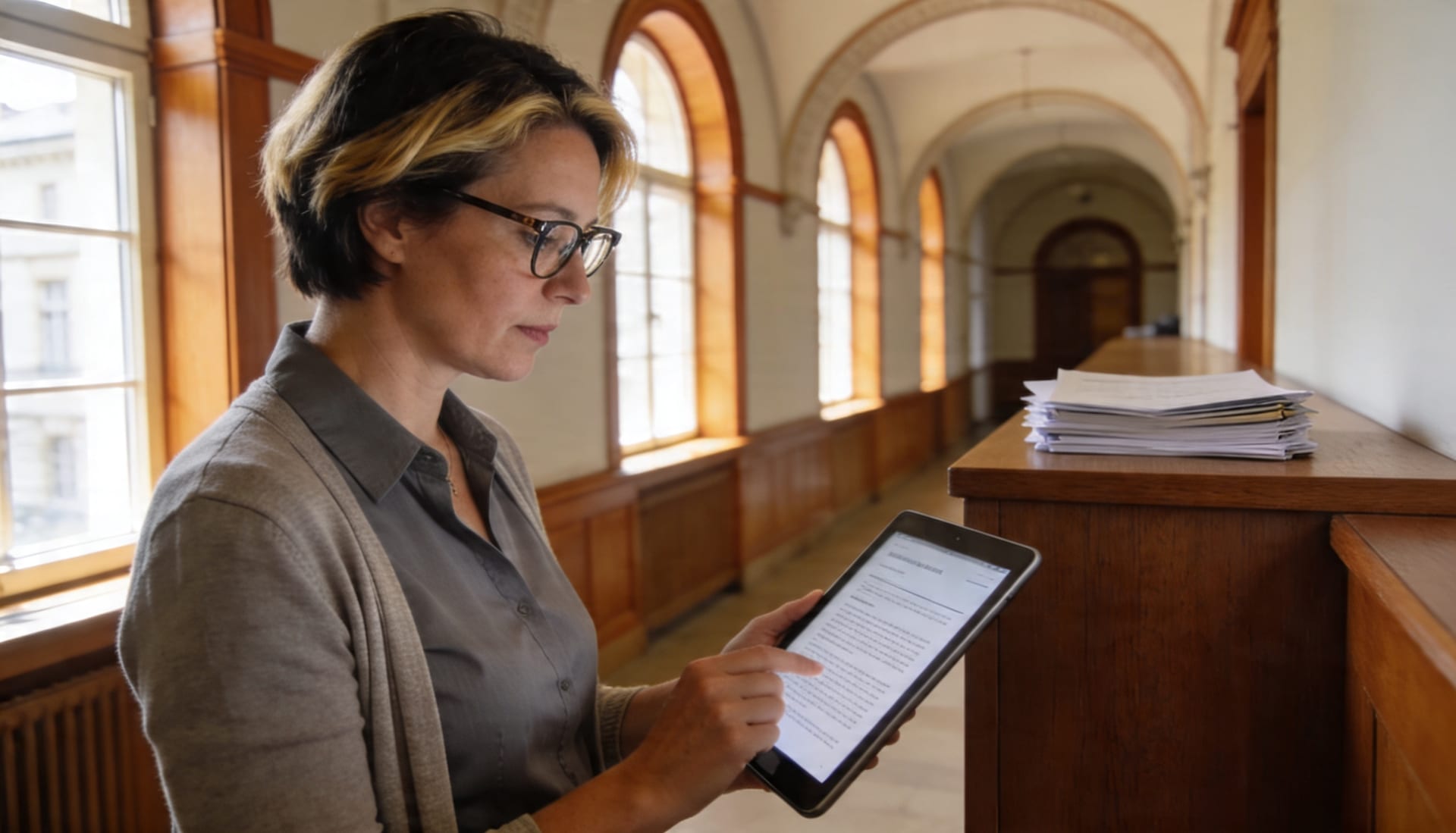 Verwaltungsmitarbeiterin schlägt eine Dienstanweisung auf einem Tablet im Rathaus nach