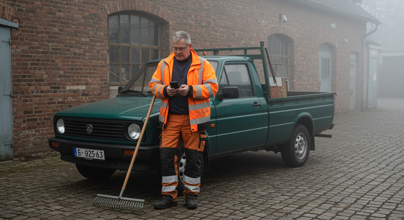 Bauhof-Mitarbeiter liest die Tagesinfos auf dem Smartphone neben einem kommunalen Pickup