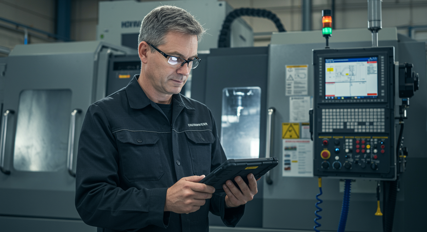 Schichtleiter prüft eine Arbeitsanweisung auf einem Tablet vor der CNC-Maschine