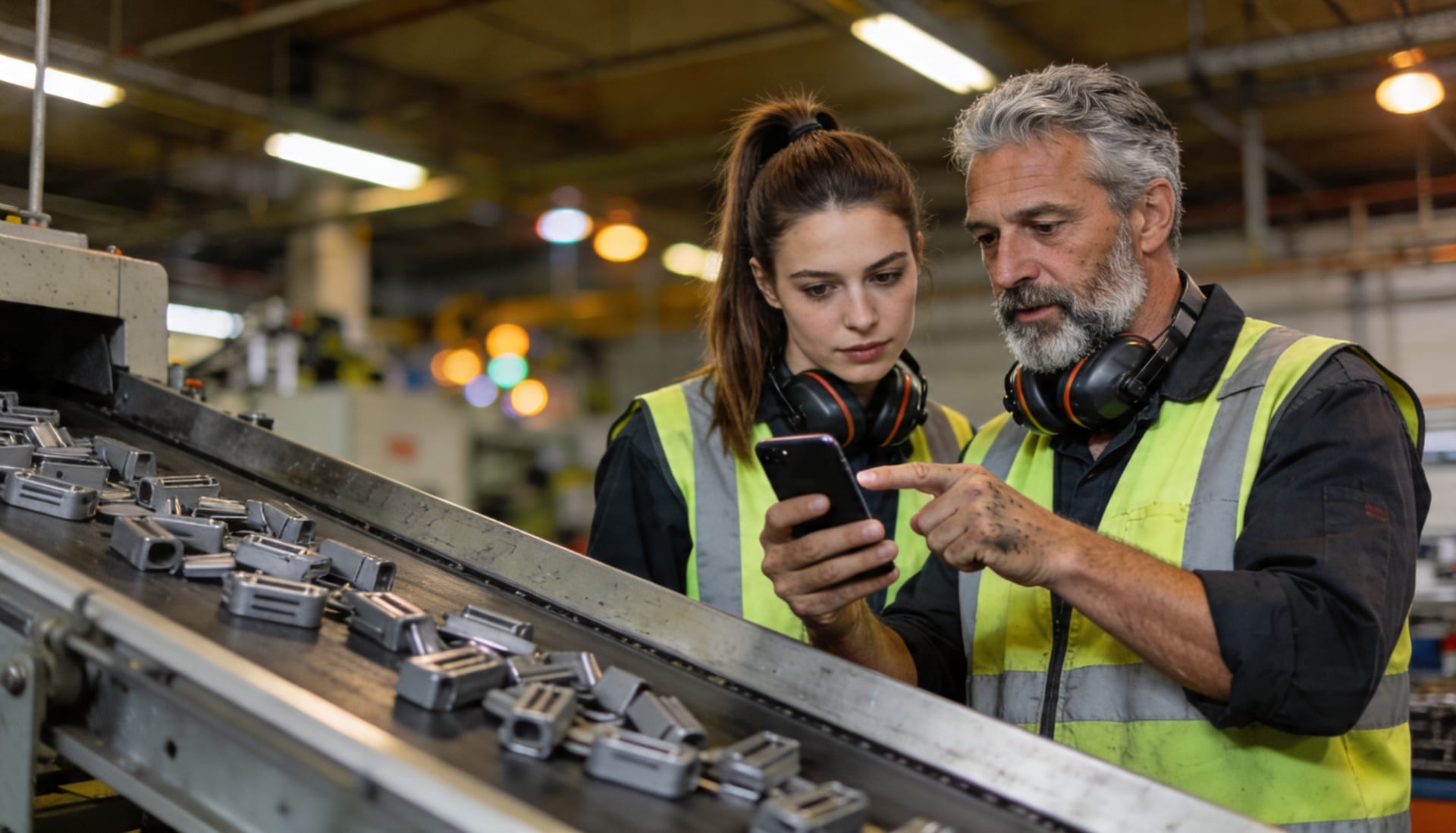 Zwei Produktionsmitarbeitende klären eine Rückfrage direkt am Smartphone an der Linie