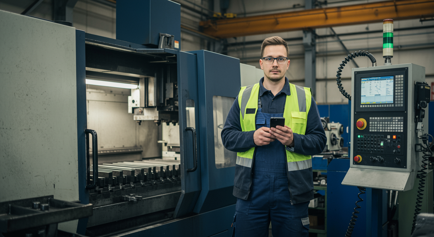 Schichtarbeiter liest eine Push-Nachricht zu einem Maschinenstillstand auf dem Smartphone in der Werkhalle