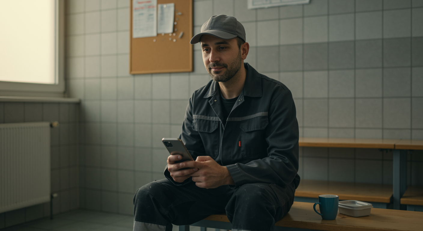 Produktionsmitarbeiter füllt während einer kurzen Pause eine Umfrage am Smartphone aus