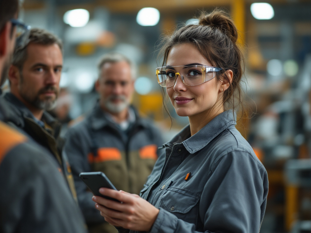 Eine Mitarbeiterin mit Schutzbrille liest eine Unterweisung auf ihrem Smartphone, im Hintergrund zwei Kollegen in einer Produktionshalle