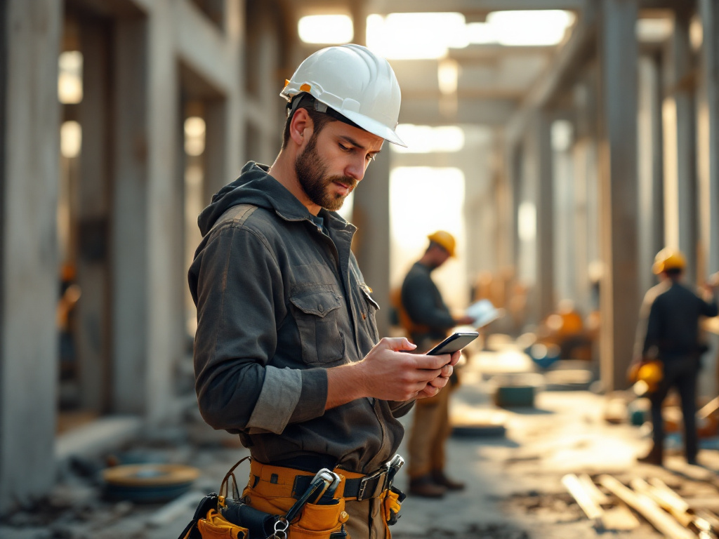 Ein Monteur mit Helm und Werkzeuggürtel bucht seine Arbeitszeit am Smartphone, im Hintergrund arbeiten Kollegen im Rohbau