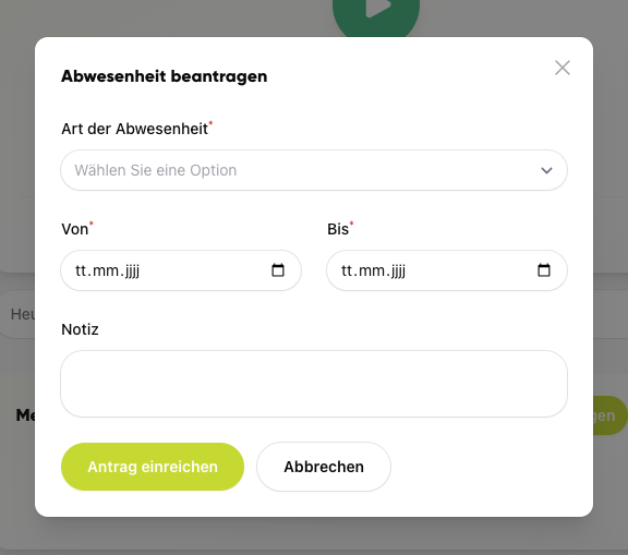 Abwesenheit beantragen in Kibi Connect mit Datumsauswahl und Notiz