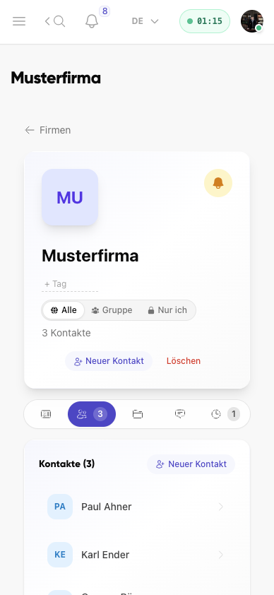 Firmenansicht im Adressbuch von Kibi Connect