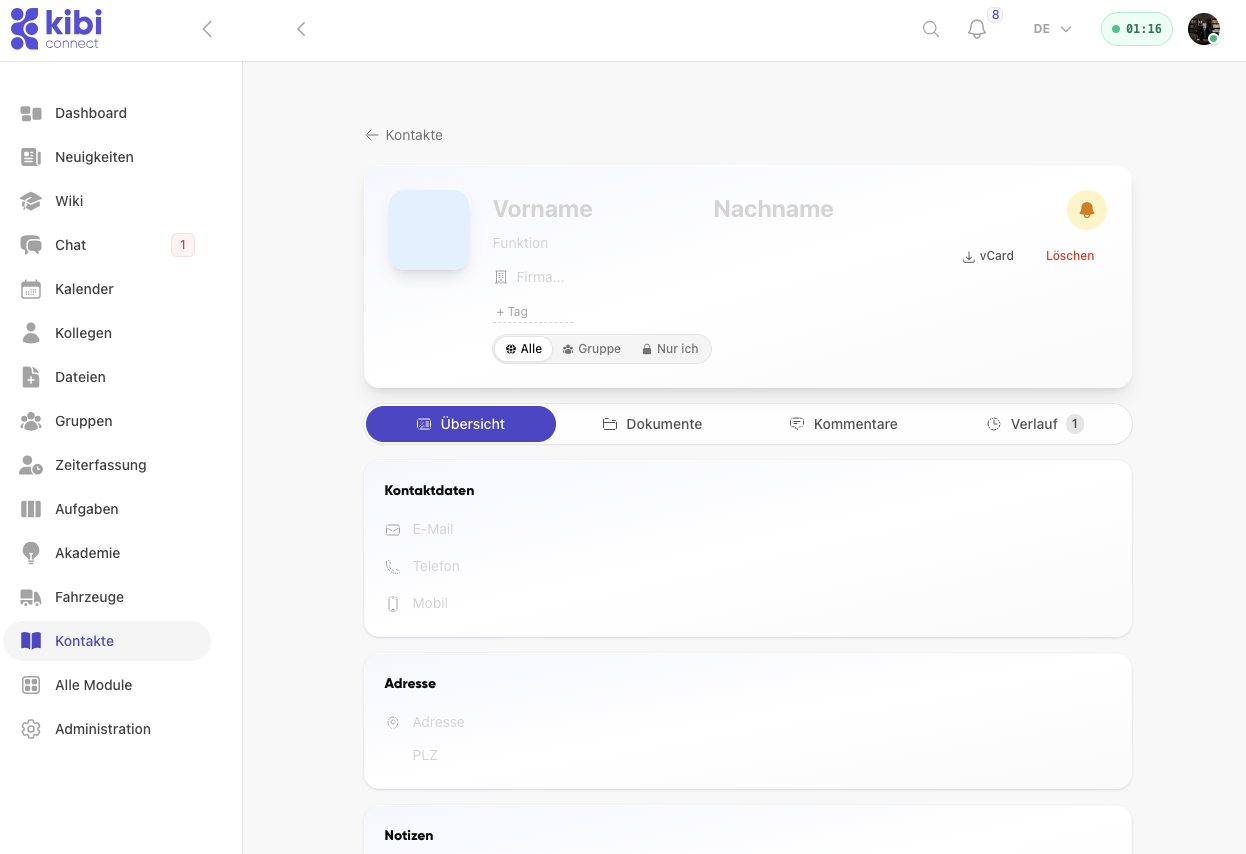 Kontaktansicht im Adressbuch von Kibi Connect auf dem Desktop