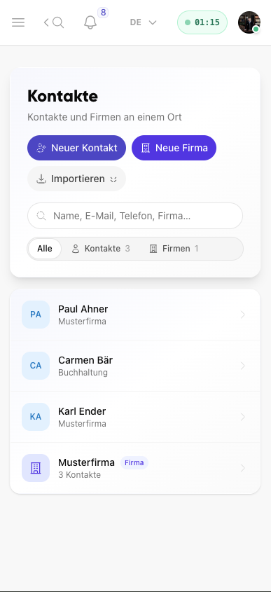 Adressbuch-Übersicht in Kibi Connect auf dem Smartphone