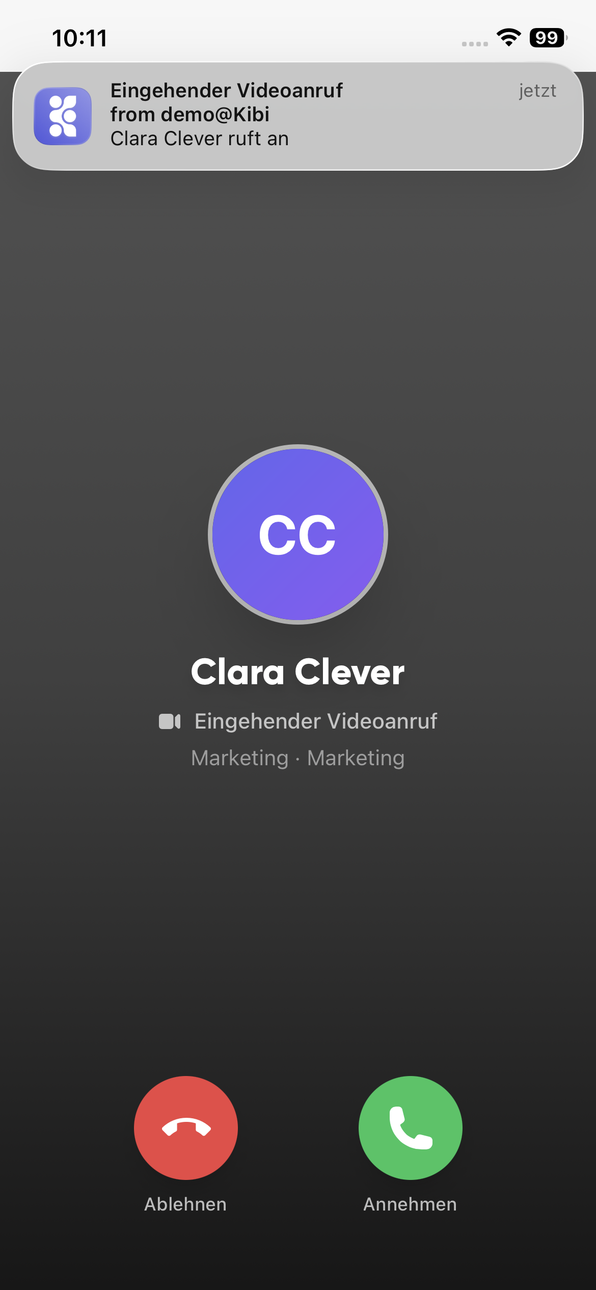 Eingehender Videocall in Kibi Connect