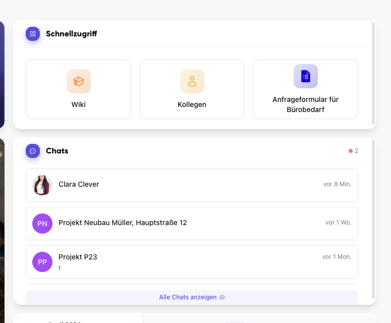 Schnellzugriff und Chats im Dashboard von Kibi Connect