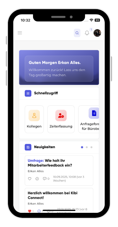 Dashboard mit Aufgaben und Terminen in Kibi Connect