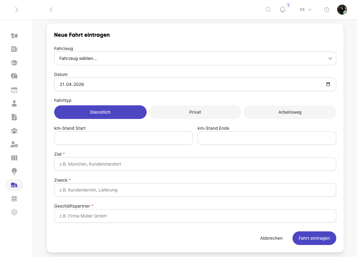 Neue Fahrt im Fuhrpark-Modul von Kibi Connect eintragen