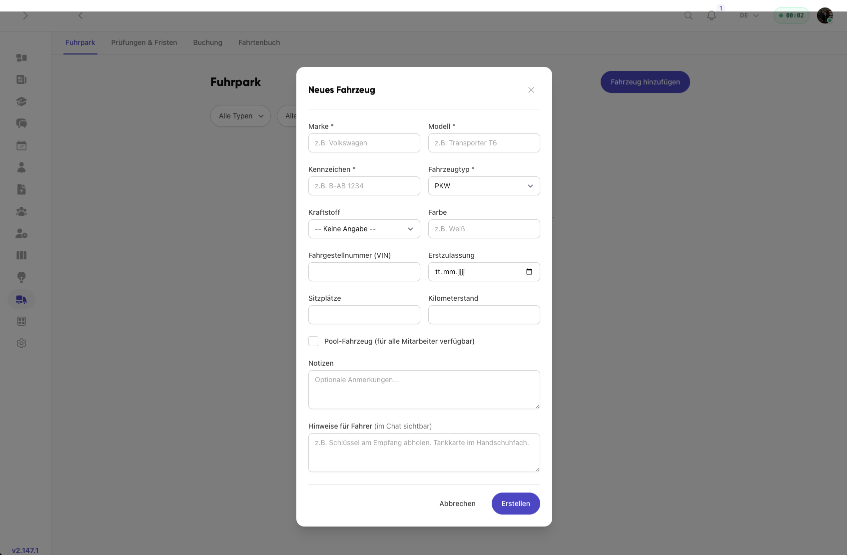 Kibi Connect Fuhrparkverwaltung mit Fahrzeugen, Wartungen und Prüfterminen