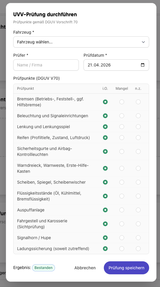 UVV-Prüfung im Fuhrpark-Modul von Kibi Connect