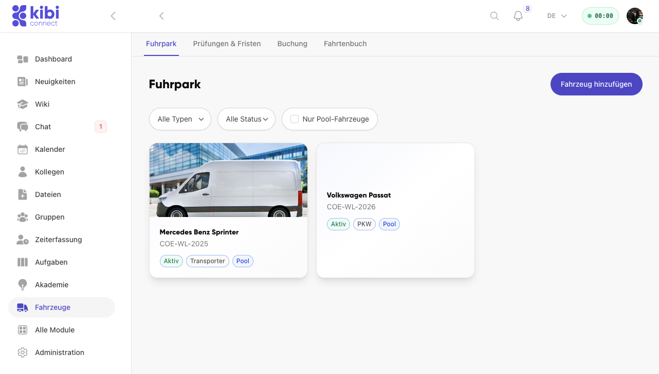 Fuhrpark-Übersicht in Kibi Connect auf dem Desktop