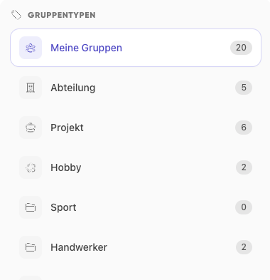 Gruppentypen in Kibi Connect mit Abteilungen, Projekten und weiteren Bereichen