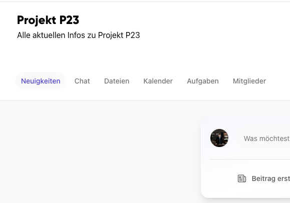 Gruppenbereich in Kibi Connect mit Neuigkeiten, Chat, Dateien und Aufgaben