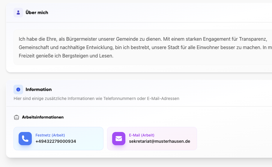 Kollegenprofil in Kibi Connect mit Kontaktdaten und Arbeitsinformationen