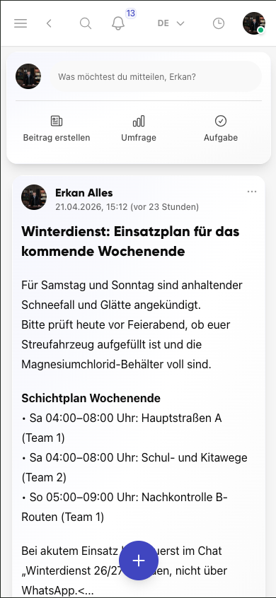 Newsfeed in Kibi Connect mit Winterdienst-Einsatzplan für Kommunen