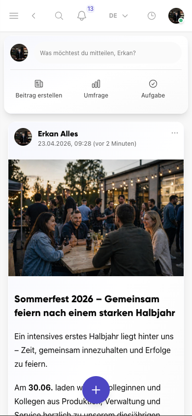 Kibi Connect Neuigkeiten-Feed mit Unternehmens-News und Lesebestätigungen