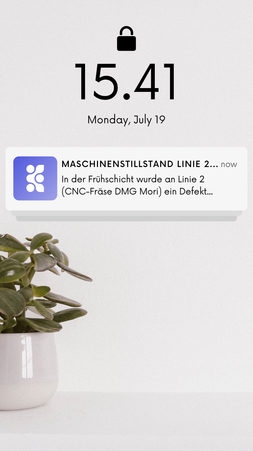 Push-Benachrichtigung zu einem Maschinenstillstand von Kibi Connect auf dem Smartphone