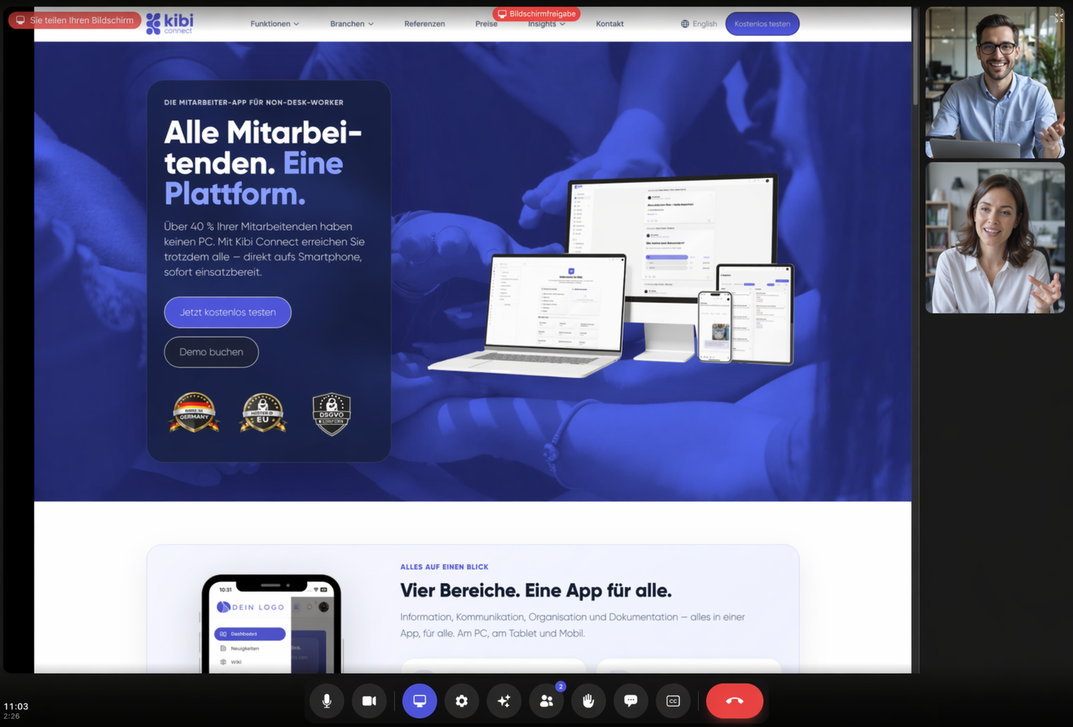 Bildschirmfreigabe in einem Videocall in Kibi Connect