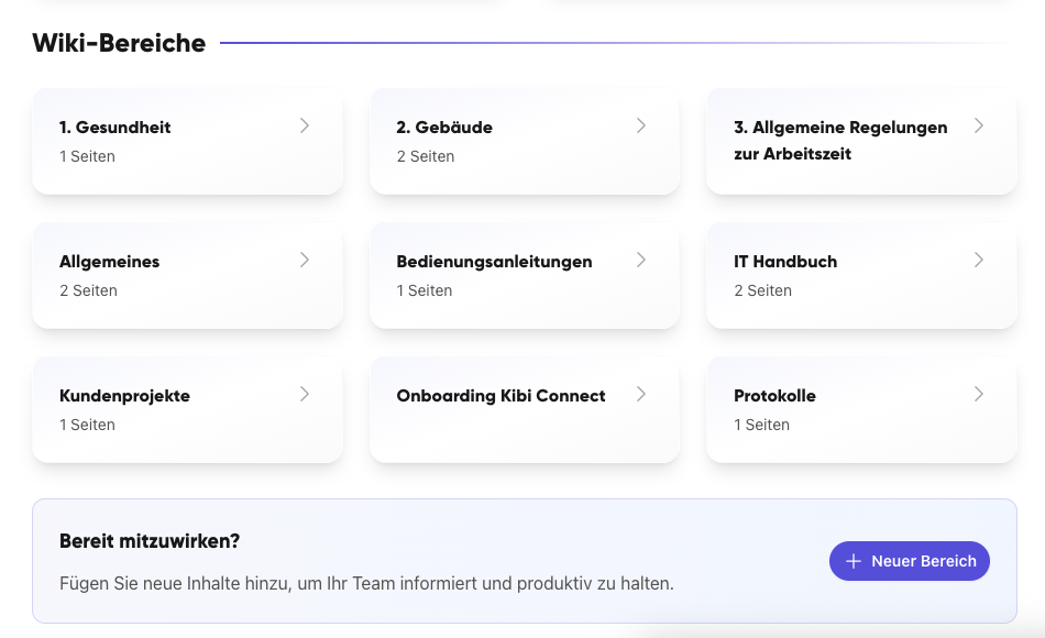 Wiki-Bereiche in Kibi Connect mit strukturierten Inhalten