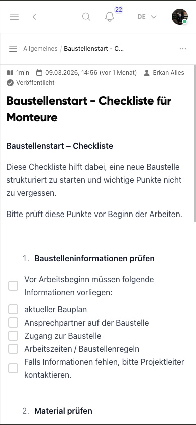 Wiki-Checkliste in Kibi Connect im Geräte-Rahmen
