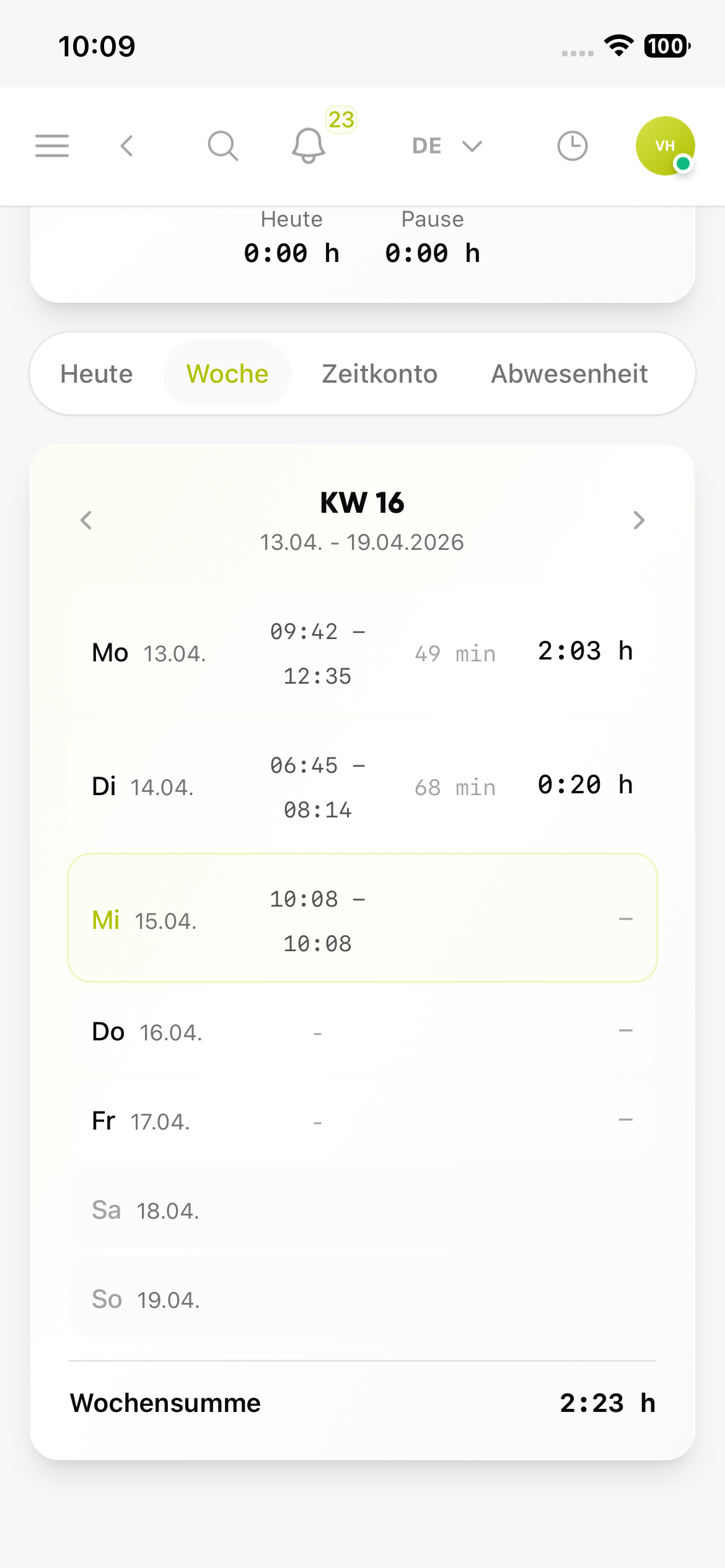 Wochenübersicht der Zeiterfassung in Kibi Connect