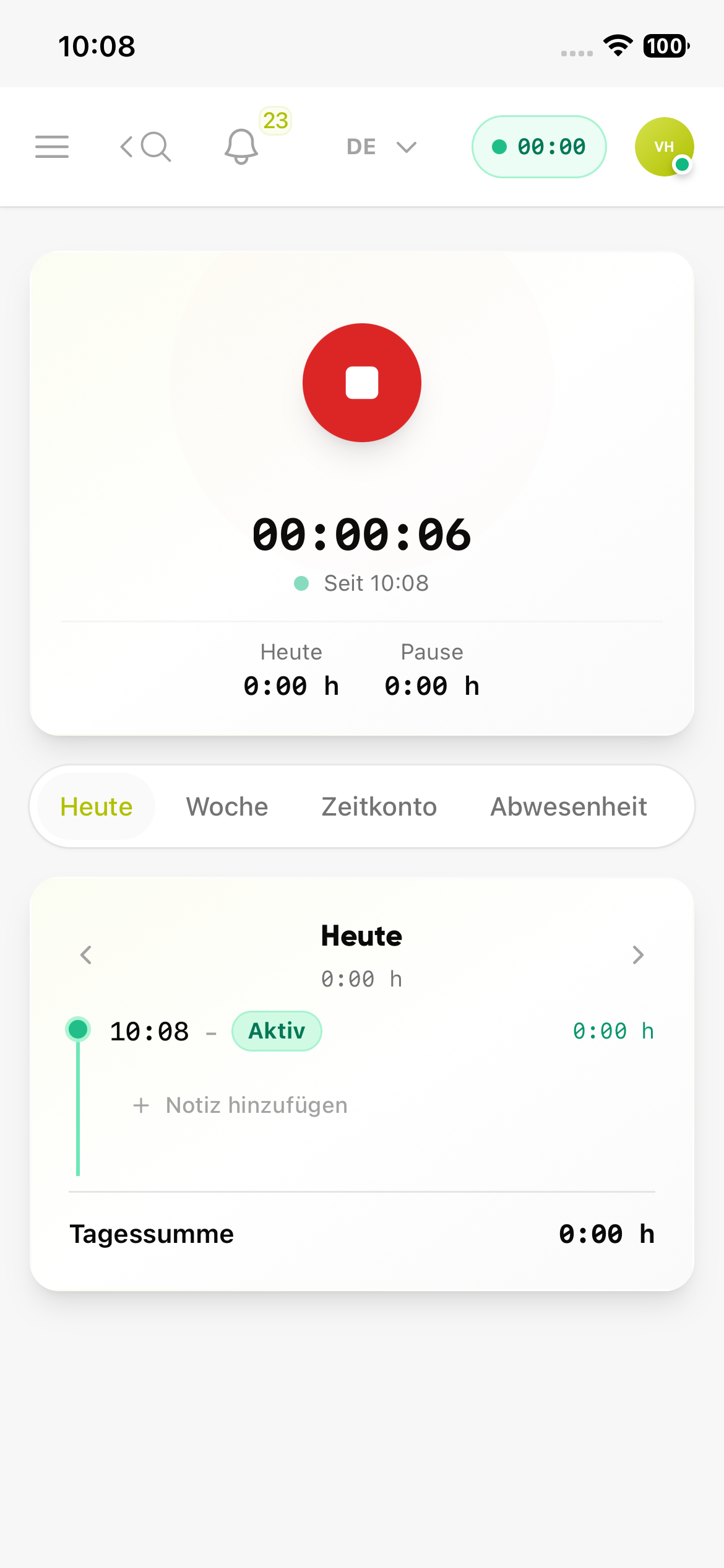 Laufende Zeiterfassung in Kibi Connect