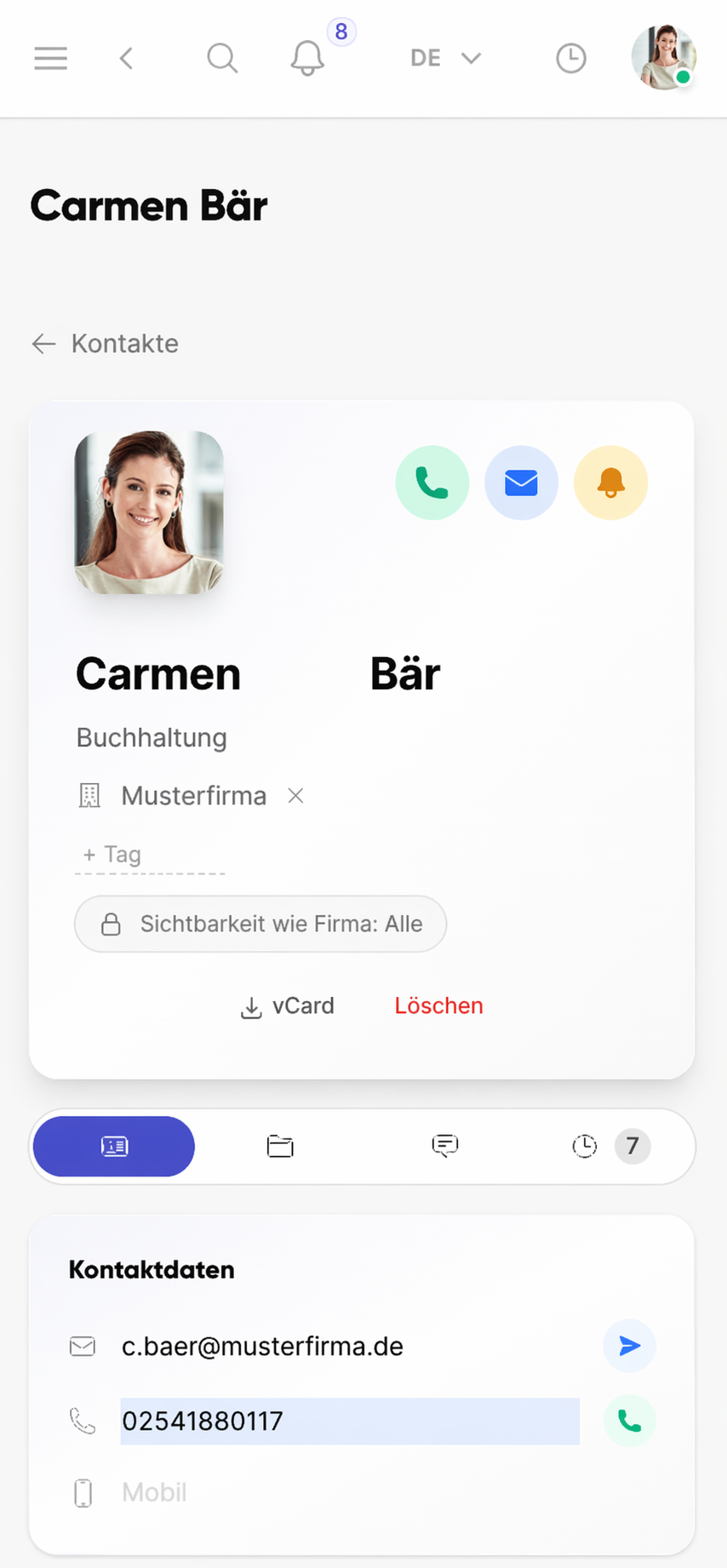 Mobiles Kontaktprofil im Adressbuch von Kibi Connect