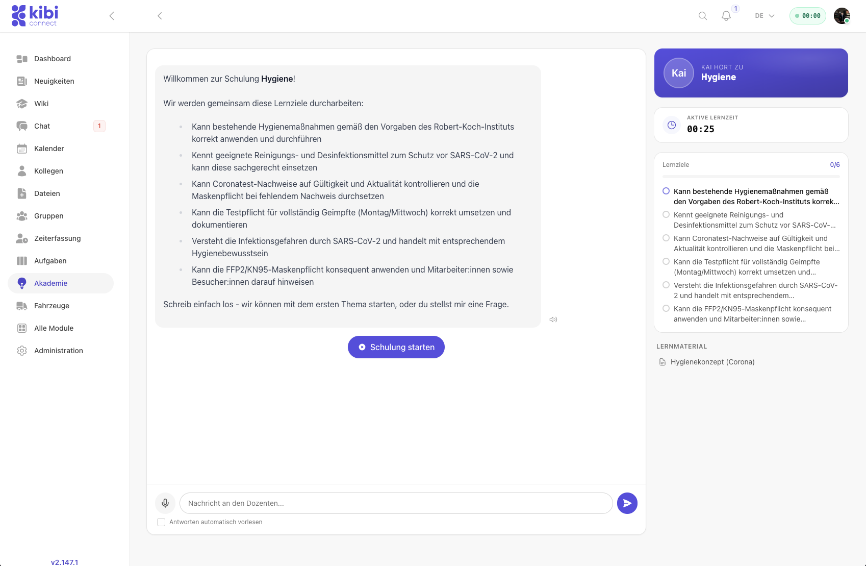 Kibi Connect Akademie mit Kursen, Fortschritt und Unterweisungen